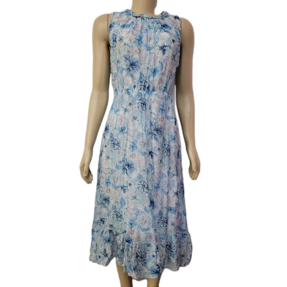 Le Ragazze Silk Blend Midi Dress Floral, Made in Italy Size M Rufled Neck/hem #C